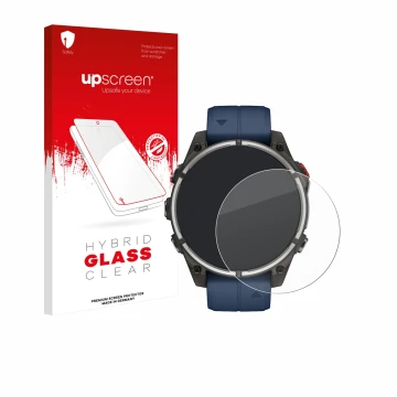 Parte frontal de un envase de producto con el logotipo de la marca upscreen. Al lado se muestra el dispositivo Garmin quatix 8