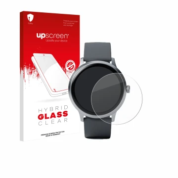Parte frontal de un envase de producto con el logotipo de la marca upscreen. Al lado se muestra el dispositivo Pebble Round 2 