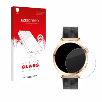 Parte frontal de un envase de producto con el logotipo de la marca upscreen. Al lado se muestra el dispositivo Niolina Smartwa