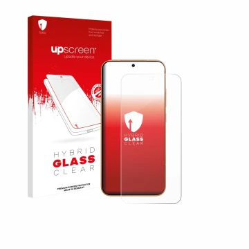 Parte frontal de un envase de producto con el logotipo de la marca upscreen. Al lado se muestra el dispositivo Honor Magic 8 P