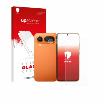 Parte frontal de un envase de producto con el logotipo de la marca upscreen. Al lado se muestra el dispositivo Honor Magic 8 P