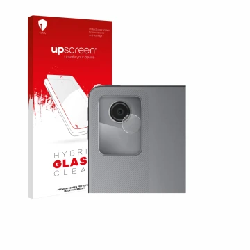 Parte frontal de un envase de producto con el logotipo de la marca upscreen. Al lado se muestra el dispositivo Lenovo Tab M11 