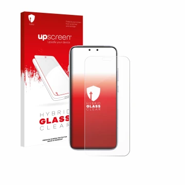 Parte frontal de un envase de producto con el logotipo de la marca upscreen. Al lado se muestra el dispositivo Honor Magic 8 R