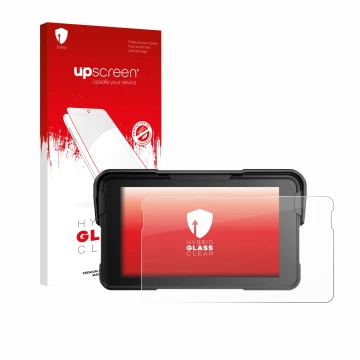Parte frontal de un envase de producto con el logotipo de la marca upscreen. Al lado se muestra el dispositivo NFOIEIS Base 5