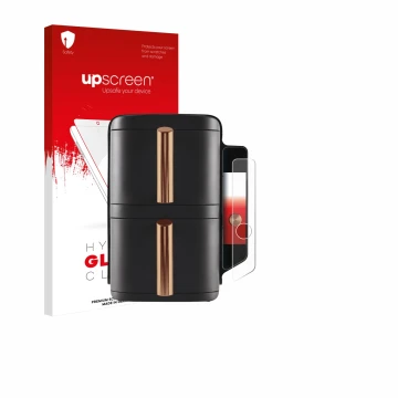 Parte frontal de un envase de producto con el logotipo de la marca upscreen. Al lado se muestra el dispositivo Ninja Double St