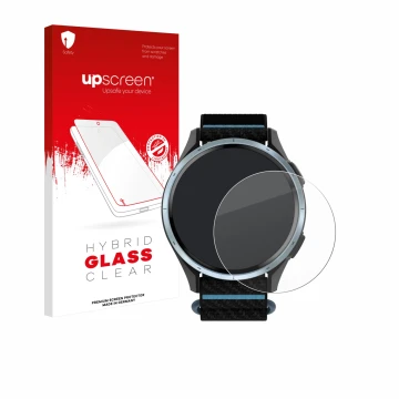 Parte frontal de un envase de producto con el logotipo de la marca upscreen. Al lado se muestra el dispositivo Garmin Approach