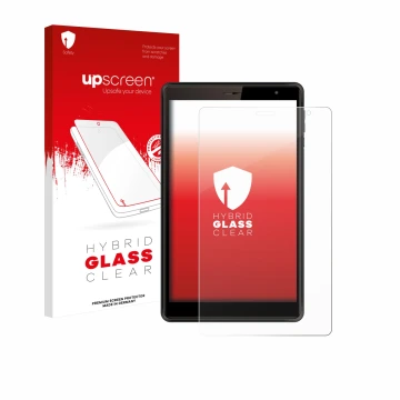 Parte frontal de un envase de producto con el logotipo de la marca upscreen. Al lado se muestra el dispositivo Logicom Tab 80 
