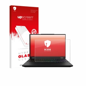 Parte frontal de un envase de producto con el logotipo de la marca upscreen. Al lado se muestra el dispositivo XMG Apex 16 Max