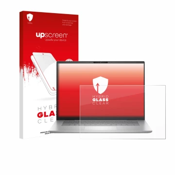 Parte frontal de un envase de producto con el logotipo de la marca upscreen. Al lado se muestra el dispositivo Dell Inspiron 1