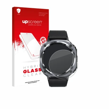 Parte frontal de un envase de producto con el logotipo de la marca upscreen. Al lado se muestra el dispositivo TIMU S90 1.45