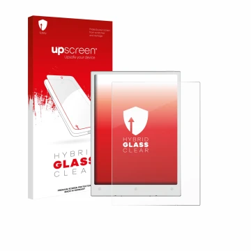 Parte frontal de un envase de producto con el logotipo de la marca upscreen. Al lado se muestra el dispositivo Viwoods AiPaper