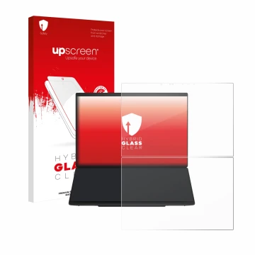 Parte frontal de un envase de producto con el logotipo de la marca upscreen. Al lado se muestra el dispositivo ASUS ZenBook Du