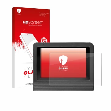 Parte frontal de un envase de producto con el logotipo de la marca upscreen. Al lado se muestra el dispositivo Launch X-431 V 