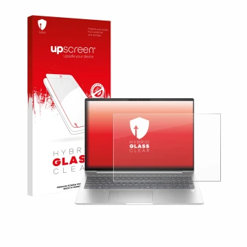 Parte frontal de un envase de producto con el logotipo de la marca upscreen. Al lado se muestra el dispositivo HP EliteBook 6 