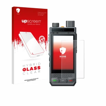 Parte frontal de un envase de producto con el logotipo de la marca upscreen. Al lado se muestra el dispositivo Hytera P60 con 