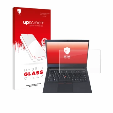 Parte frontal de un envase de producto con el logotipo de la marca upscreen. Al lado se muestra el dispositivo Lenovo ThinkPad