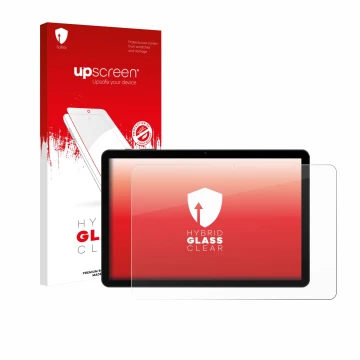 Parte frontal de un envase de producto con el logotipo de la marca upscreen. Al lado se muestra el dispositivo Doogee Tab G5 c
