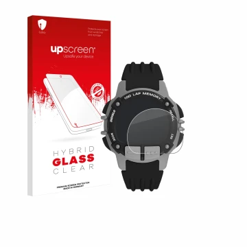 Parte frontal de un envase de producto con el logotipo de la marca upscreen. Al lado se muestra el dispositivo Timex Ironman T
