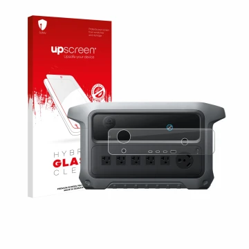 Parte frontal de un envase de producto con el logotipo de la marca upscreen. Al lado se muestra el dispositivo Anker SOLIX C20