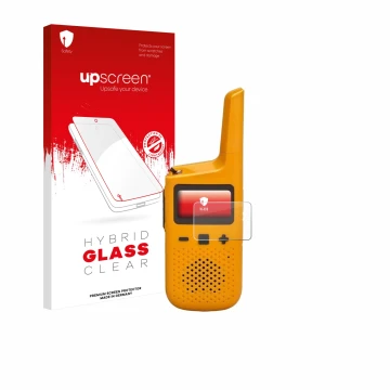 Parte frontal de un envase de producto con el logotipo de la marca upscreen. Al lado se muestra el dispositivo Motorola Talkab