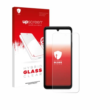 Parte frontal de un envase de producto con el logotipo de la marca upscreen. Al lado se muestra el dispositivo Sunmi M3 con su
