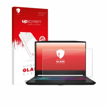 Parte frontal de un envase de producto con el logotipo de la marca upscreen. Al lado se muestra el dispositivo MSI Katana 15 H