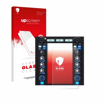 Parte frontal de un envase de producto con el logotipo de la marca upscreen. Al lado se muestra el dispositivo Rane System One