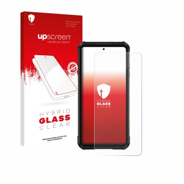 Parte frontal de un envase de producto con el logotipo de la marca upscreen. Al lado se muestra el dispositivo Ulefone RugOne 