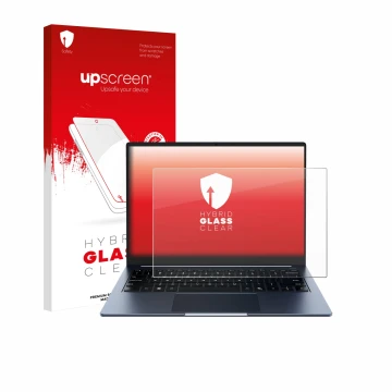 Parte frontal de un envase de producto con el logotipo de la marca upscreen. Al lado se muestra el dispositivo Chuwi CoreBook 