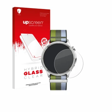 Parte frontal de un envase de producto con el logotipo de la marca upscreen. Al lado se muestra el dispositivo Oppo Watch S co