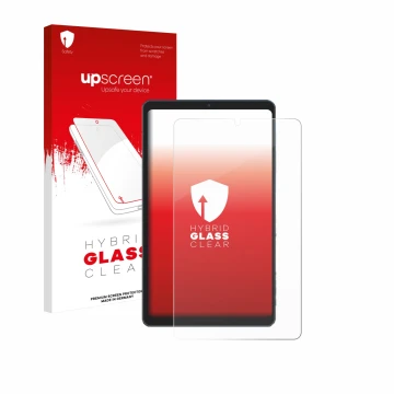 Parte frontal de un envase de producto con el logotipo de la marca upscreen. Al lado se muestra el dispositivo Chuwi AuPad Min