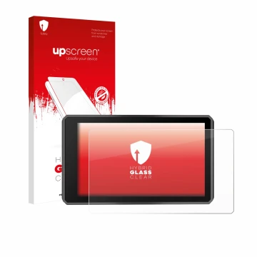 Parte frontal de un envase de producto con el logotipo de la marca upscreen. Al lado se muestra el dispositivo Garmin zumo XT3