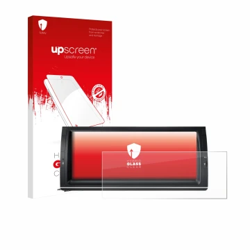 Parte frontal de un envase de producto con el logotipo de la marca upscreen. Al lado se muestra el dispositivo Xtrons PX1453BL