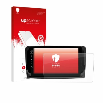 Parte frontal de un envase de producto con el logotipo de la marca upscreen. Al lado se muestra el dispositivo Dynavin D9-DF43