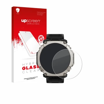 Parte frontal de un envase de producto con el logotipo de la marca upscreen. Al lado se muestra el dispositivo Huami Amazfit T