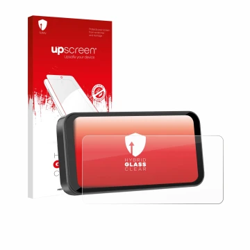 Parte frontal de un envase de producto con el logotipo de la marca upscreen. Al lado se muestra el dispositivo Carpuride W603B