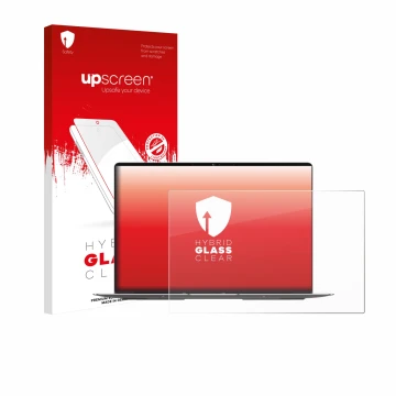 Parte frontal de un envase de producto con el logotipo de la marca upscreen. Al lado se muestra el dispositivo Geekom GeekBook