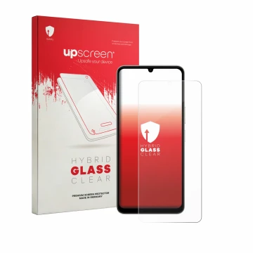 Parte frontal de un envase de producto con el logotipo de la marca upscreen. Al lado se muestra el dispositivo Vivo Y11 2026 c