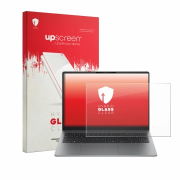 Parte frontal de un envase de producto con el logotipo de la marca upscreen. Al lado se muestra el dispositivo HP 200 G2a 16
