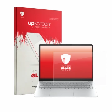 Parte frontal de un envase de producto con el logotipo de la marca upscreen. Al lado se muestra el dispositivo HP OmniBook 3 1