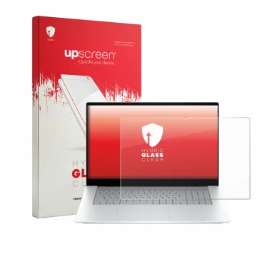 Parte frontal de un envase de producto con el logotipo de la marca upscreen. Al lado se muestra el dispositivo HP OmniBook X 1