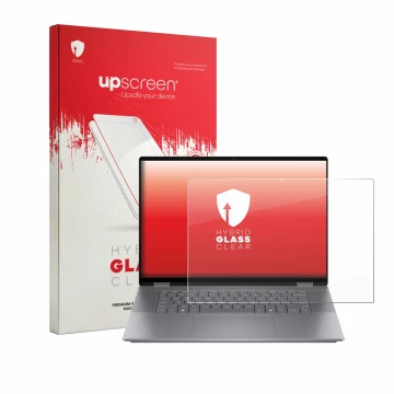 Parte frontal de un envase de producto con el logotipo de la marca upscreen. Al lado se muestra el dispositivo HP OmniBook X F