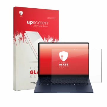 Parte frontal de un envase de producto con el logotipo de la marca upscreen. Al lado se muestra el dispositivo HP EliteBook X 