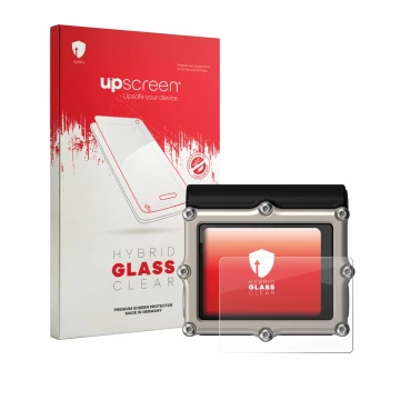 Parte frontal de un envase de producto con el logotipo de la marca upscreen. Al lado se muestra el dispositivo Shearwater Petr