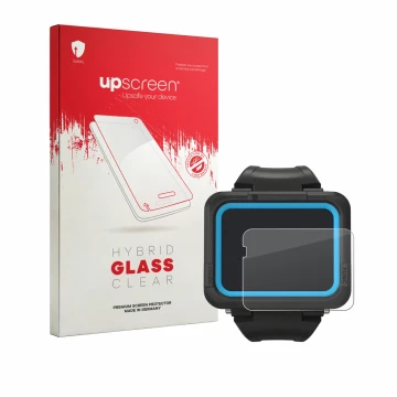 Parte frontal de un envase de producto con el logotipo de la marca upscreen. Al lado se muestra el dispositivo Shearwater PERE