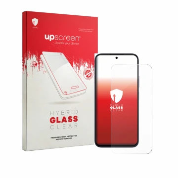 Parte frontal de un envase de producto con el logotipo de la marca upscreen. Al lado se muestra el dispositivo Oppo A6k con su