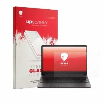 Parte frontal de un envase de producto con el logotipo de la marca upscreen. Al lado se muestra el dispositivo HP EliteBook 25