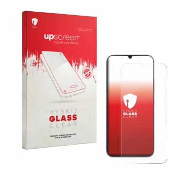 Parte frontal de un envase de producto con el logotipo de la marca upscreen. Al lado se muestra el dispositivo realme C100i co