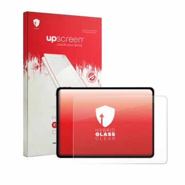 Parte frontal de un envase de producto con el logotipo de la marca upscreen. Al lado se muestra el dispositivo OnePlus Pad 4 c