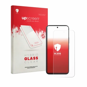Parte frontal de un envase de producto con el logotipo de la marca upscreen. Al lado se muestra el dispositivo realme 16T 5G c